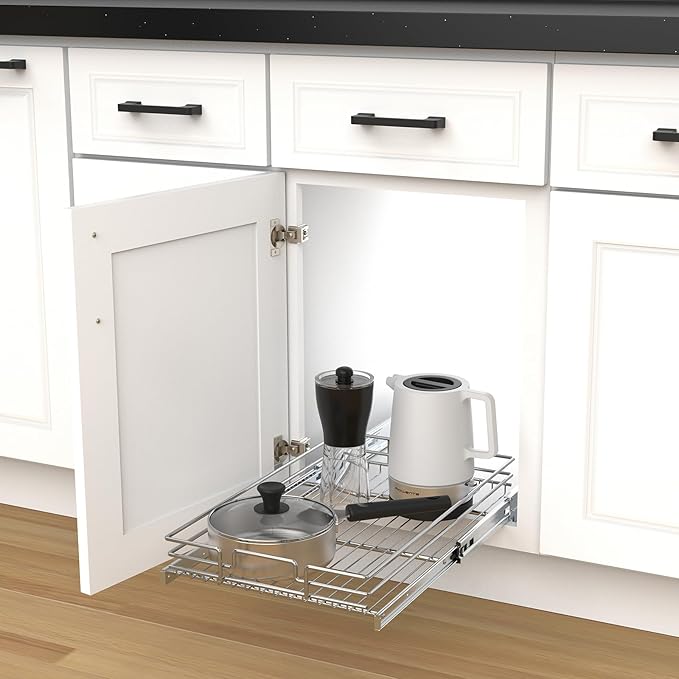 Pull Out Cabinet Organizer, Heavy-Duty Metal Sliding Drawer Shelf for Kitchen Cabinets, Chrome, Doesn't Include Door Fittings (26 * 21 IN)