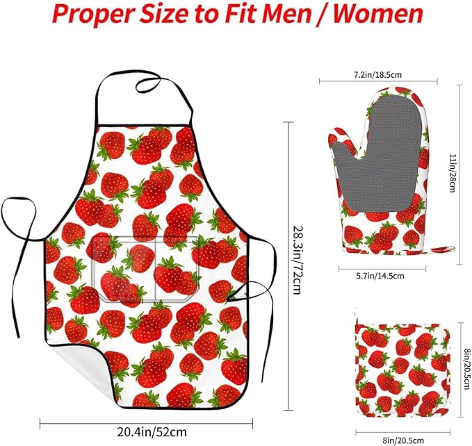Cute Strawberry Oven Mitts Strawberries Pot Holders Cooking Apron Set of 5 Silicone Strawberry Kitchen Glove Apron Non-Slip Heat Resistant for Chef Baking Cooking Grilling BBQ