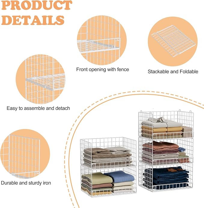Yociyoga 5-Tier Stackable Closet Organizers and Storage Basket - Foldable Closet Shelf Organizer System, Space-Saving Clothes Storage Bins Drawer Organizer for Wardrobe, White (Patent Pending)