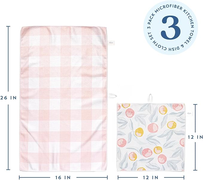 ELYN Microfiber Kitchen Dish Towel & Dish Cloth Set, Quick-Dry & Absorbent Waffle Weave Cleaning Cloths, Set of One Kitchen Towel & Two Washcloths, Paper Towels Alternative (Oranges & Gingham)