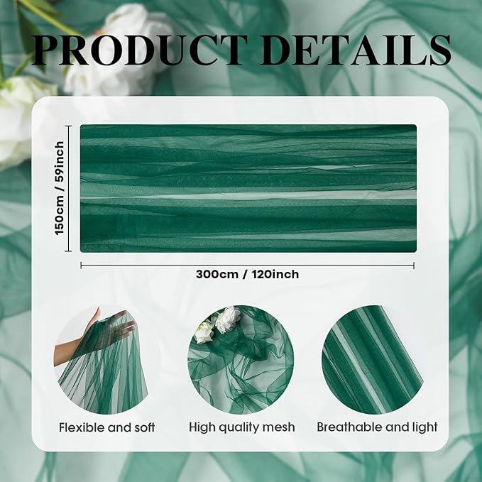 Artoid Mode 3PCS Dark Green Gauze Table Runner 120 Inch 10FT, Seasonal Sheer Kitchen Dining Holiday Wedding Birthday Baby Shower Table Decor for Home Party