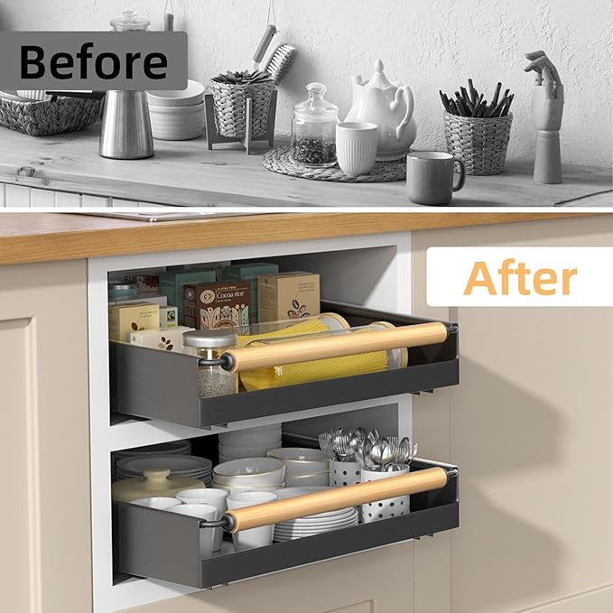 Pull Out Cabinet Organizer, 15.3'' Deep Expandable Slide Out Cabinet Organizer Fixed with Adhesive Nano Film, Slide Out Drawers Pull Out Tray for Cabinet in Kitchen, Pantry, Bathroom, Black