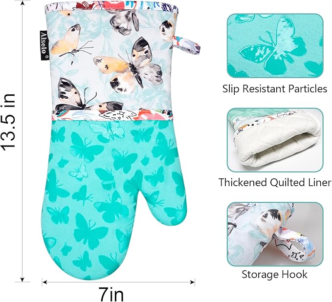 Alselo Oven Mitts, Heat Resistant with Soft Quilted Cotton Lining Set of 2, Fashion Design with Silicone Printing Anti-Slip Kitchen Gloves, Safe Backing Cooking Barbecue (Turquoise, Butterfly)
