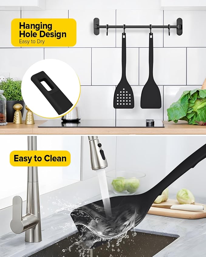 Pack of 2 Silicone Spatula Turner, Non Stick Kitchen Spatulas Set with Back Hooks, Heat Resistant BPA Free Kitchen Utensils, Suitable for Flipping Fish, Eggs, Steak, Pancakes(BLACK)