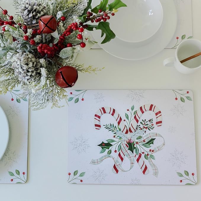 Benson Mills Cork Placemats Set of 4, Thick Cork Place Mats for Kitchen and Dining Tables, Easy Clean Table Mats for Christmas, Winter and Holidays (12" x 16" Rectangular Set of 4, Festive Candy Cane)