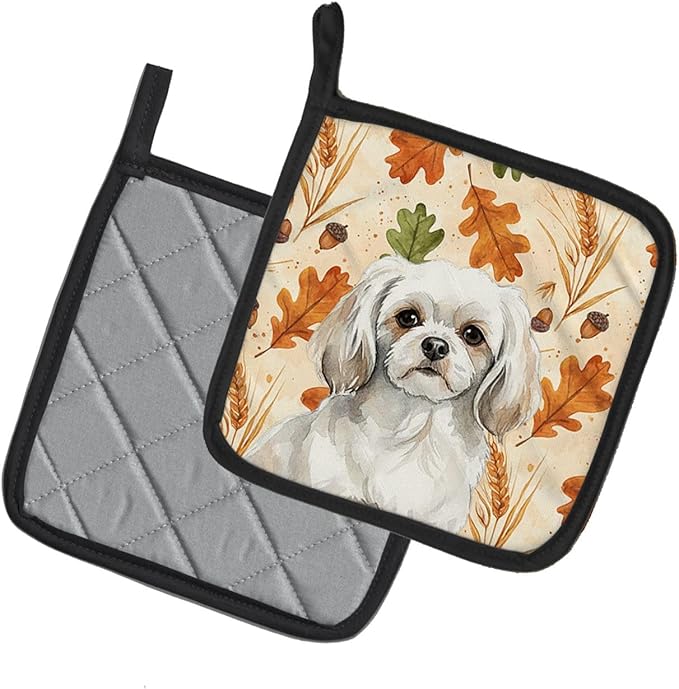 Caroline's Treasures White Tibetan Spaniel Heirloom Fall Pair of Pot Holders Pair 7.5x7.5 Quilted Insulated Hot Pads Decorative Kitchen Gift Made in USA