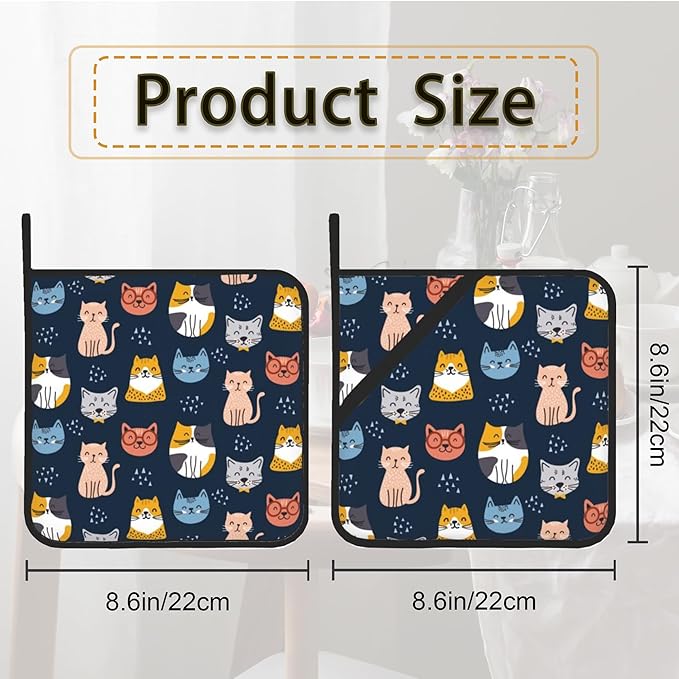 Cute Cat Pot Holder Set of 2,Heat Resistant Potholders Oven Hot Pads for Kitchen Cooking Baking BBQ