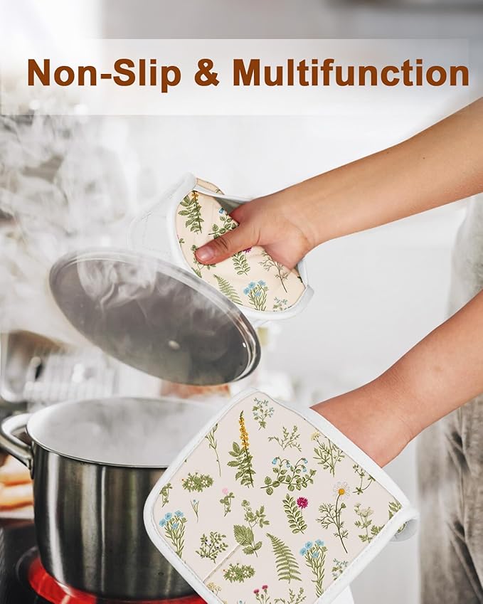 Swooflia 100% Cotton Pot Holders 2 Pack Set for Kitchen with Pockets - Cute 440°F Heat Resistant Oven Hot Pads Heavy Duty for Countertop Home Cooking Baking Microwave BBQ Retro Flower