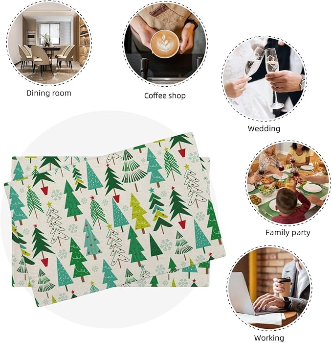 Christmas Placemats Set of 4 Sage Green Christmas Trees Decor Place Mats 12x18 Inch Snowflake Xmas Winter Holiday Decorative Linen Table Mats for Home Kitchen Dining Party Table Decoration