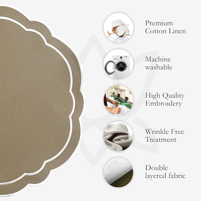 Round Placemats Set of 4, Cotton Linen- Double Layered, Luxury Scalloped Embroidered Cloth Table mats, 16 inch, Washable Fabric Dining Placemat (Beige)