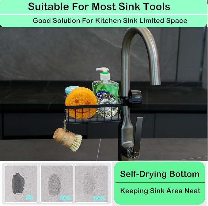 Sponge Holder for Kitchen Sink Sponge Holder Over Faucet - Stainless Steel Sink Caddy Organizer with Quick Stone Drying Mat (Black)