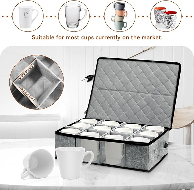 China Cup and Mug Storage Container, 12 Compartments Mug Storage Box with Hard Shell and Dividers Foldable Dustproof China Containers for Protection and Moving Coffee, Tea Cups and Glasses - Gray
