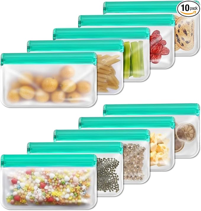 10 Pack Reusable Snack Bags, Extra Thick BPA Free, Dishwasher & Freezer Safe Food Storage Bags for Lunch, Snacks & Home Organization (Green, 10 Pack Snack Bags)
