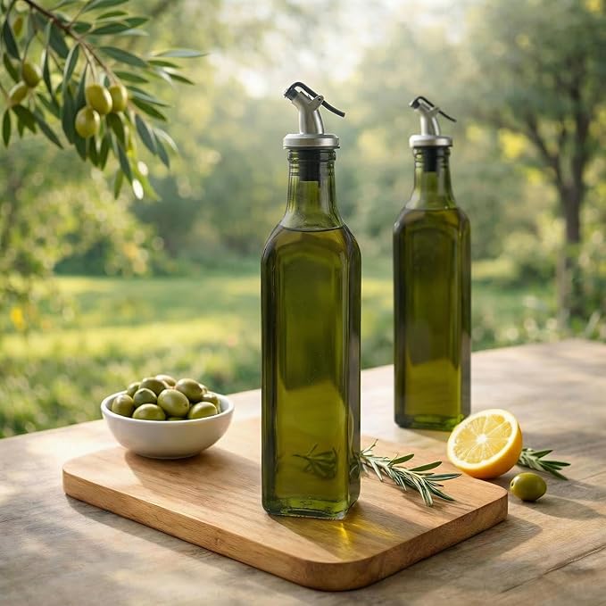 WERTIOO 4Pack Green Olive Oil Dispenser Bottle, 17 OZ Glass Oil Dispenser for Kitchen, 500ml Glass Bottles for Vinegar Oliveoil with Label and Funnel