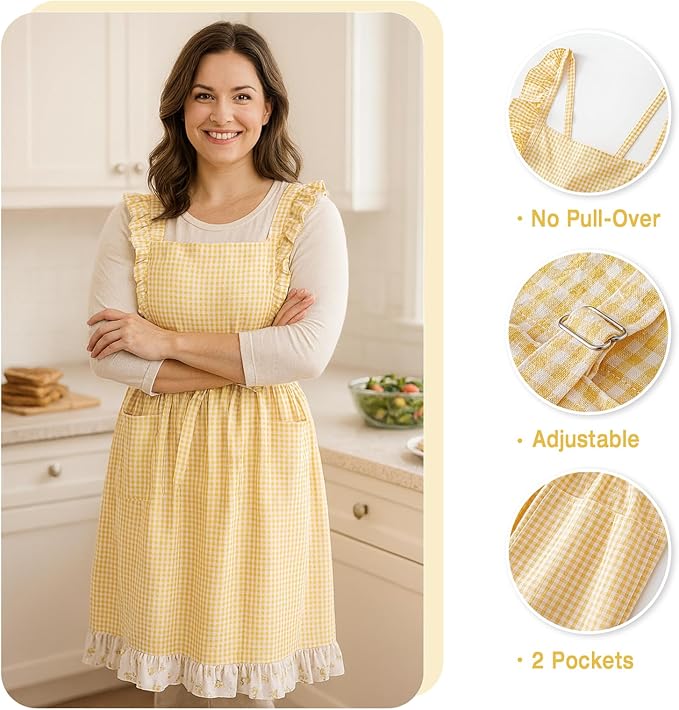 Vintage Gingham Apron for Women, Ruffle Straps, 2 Pockets, Soft Cotton, Apron Dress Style for Cooking & Baking