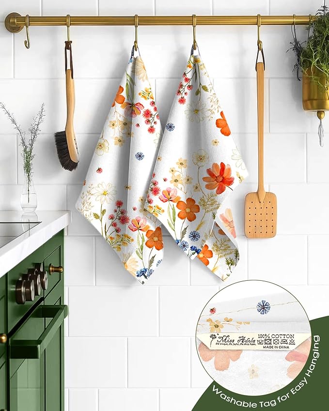 Miss Adola Flour Sack Kitchen Towels Set of 2-18x26 Cotton Dish Towels with Hanging Loop Reusable Tea Towel for Cleaning Spring Absorbent Dishcloths Cute Home Decor Housewarming, Red Flower