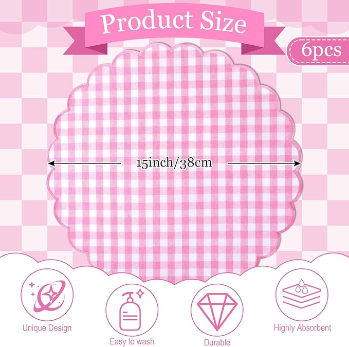 Set of 6 Round Placemats 15 Inch Cotton Scalloped Embroidery Placemat Washable Double Layered Rustic Dinner Table Mat Decor Fabric for Hotel Restaurant Kitchen(Pink,Plaid)