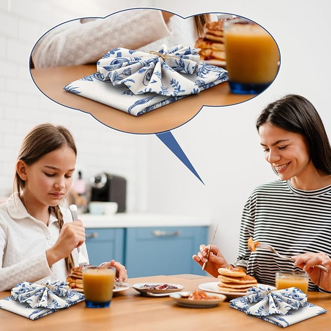 VitalCozy Cloth Napkins-15 x 15 Inch Soft Fabric Napkins Bulk Cloth Washable Reusable Plants Floral Square Napkin Cotton Dinner Towel for Spring Tea Party(Blue White Flower,48 Pcs)