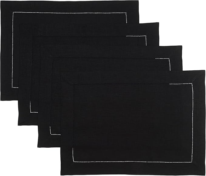 D'Moksha Homes Linen Placemats Set of 4 - Classic Hemstitch Black Placemats 14 x 19 Inch - 100% Pure Linen Table Mats for Spring - Handcrafted and Machine Washable