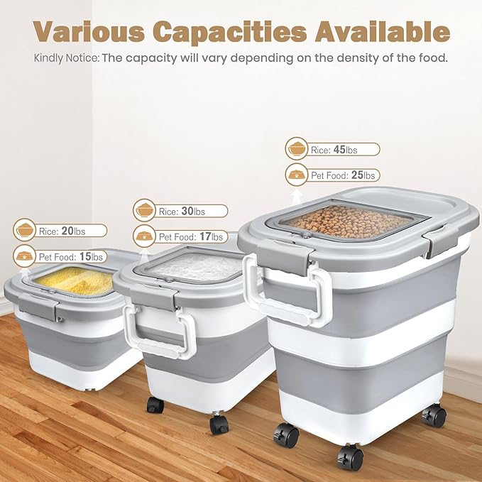 Komzon Rice Storage Container, Collapsible Airtight Food Storage Containers 20-30 Lbs, Rice Dispenser Bin with Cup and Scoop for Flour Cereal Pasta Grain, Cat Bird Pet Dog Food Storage Container
