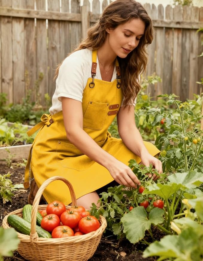 Chef Apron with Large Pockets for Women Men, Cotton Canvas Cross Back Water Repellent Adjustable Work Apron