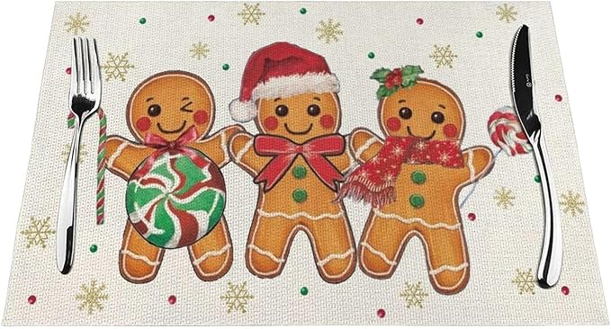 Christmas Place mats Set of 4,12x18 Inches Brown Gingerbread Man Decorative Christmas Decor Placemats Rectangle Winter Table Mats for Party Home Kitchen Dining Table Decoration
