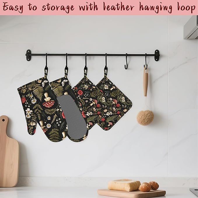 Mushroom Heat-Resistant Silicone Oven Mitts and Pot Holders,Herb Plant Berry Butterfly Long Oven Gloves with Non-Slip Grip for Cooking, Baking, Grilling,BBQ