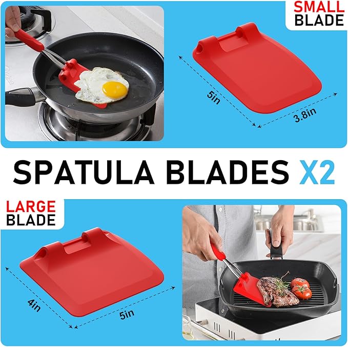 MFTEK Silicone Spatula Set, Eggs Flipper, Adjustable Angle Spatula Turner for Pancake, Fish, Burger, Swappable 2 Size Spatula Heads, Flexible, Heat-Resistant (Red)