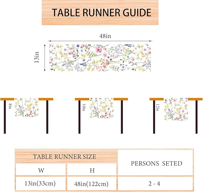 Watercolor Flowers Spring Table Runner Farmhouse Spring Summer Easter Flower Floral Home Kitchen Dining Room Table Decorations 13x48 Inch