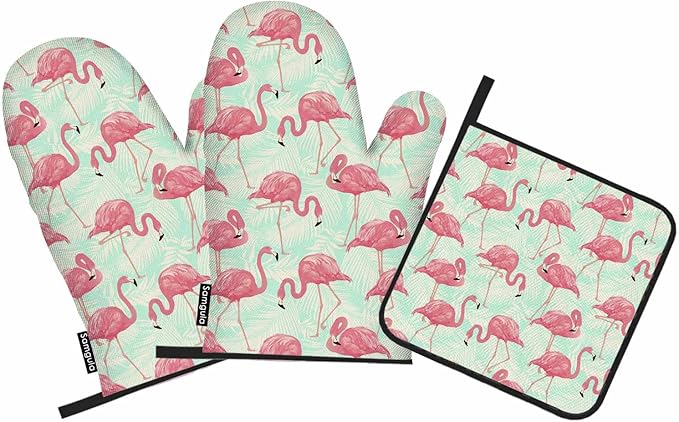 Pink Flamingo Oven Mitts and Pot Holders Sets Palm Leaves Tropical Animal Heat Resistant 3pcs for Cooking Baking BBQ