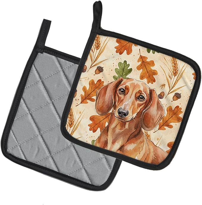 Caroline's Treasures Red Brown Dachshund Heirloom Fall Pair of Pot Holders Pair 7.5x7.5 Quilted Insulated Hot Pads Decorative Kitchen Gift Made in USA
