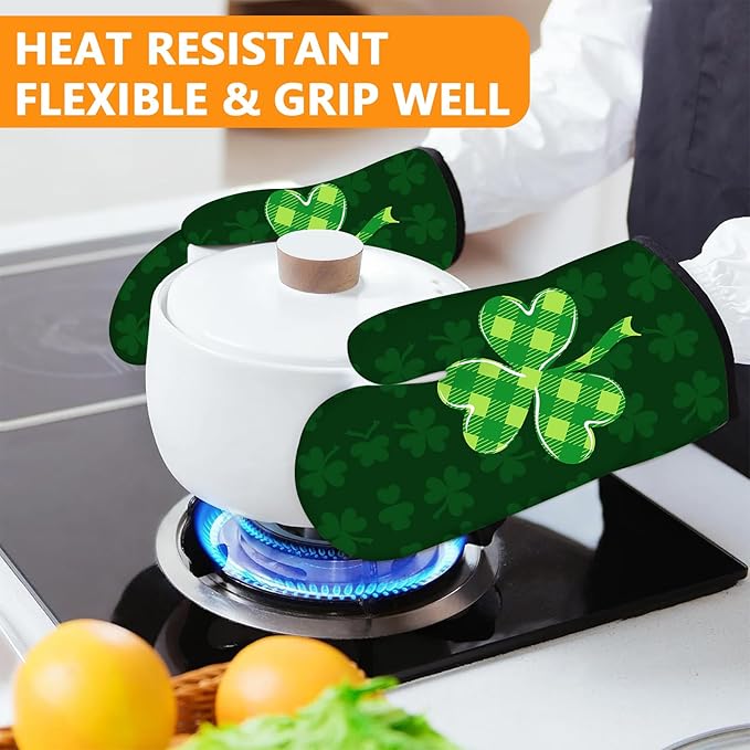 Green Clover Oven Mitts and Pot Holders Sets 4Pcs,Extra Long Oven Gloves Potholder for Kitchen Cooking Baking BBQ 100% Cotton Heat Resistant(St. Patrick's Day)