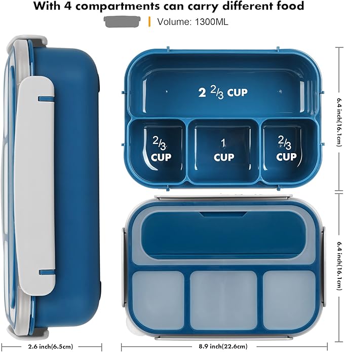 Yumuk Bento Box, Lunch Box Kids, 1300ML Adult with 4 Compartment &Food Picks &Cake Cups, Containers for Adults/Kids/Toddler, Leak-Proof, Microwave/Dishwasher/Freezer Safe(Blue)