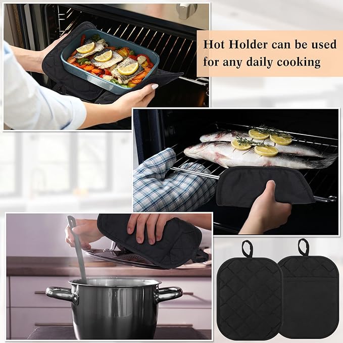 Hoolerry 30 Pieces Pot Holders with Pocket Sublimation 7x9'' Cotton Oven Pot Holders Bulk with Hanging Loops Pads for Kitchen Cook Baking (Black)