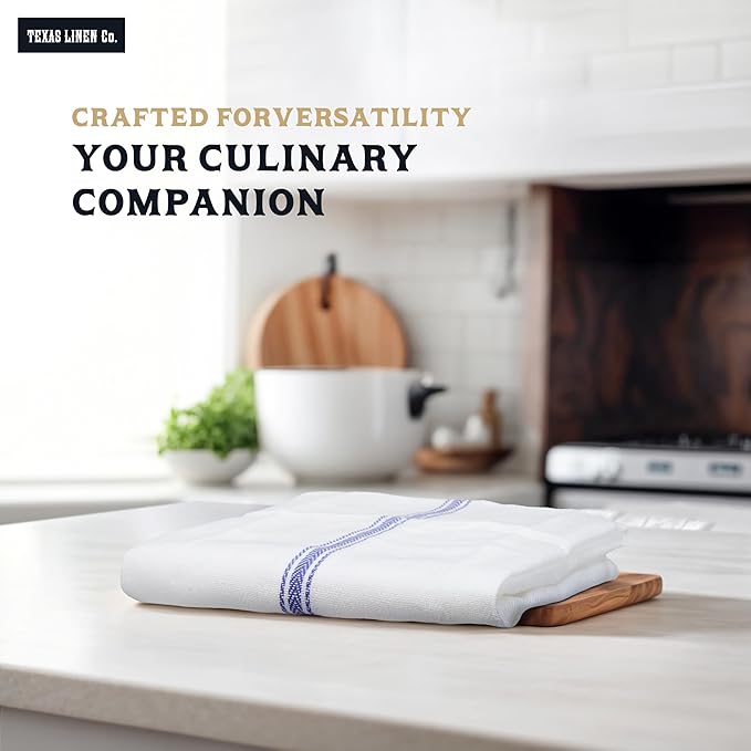 TEXAS LINEN CO. Cotton Kitchen Towels 12 Pack - 15 x 25 Inches - Highly Absorbent Dish Towels for Kitchen Drying, Soft Durable Reusable Quick Dry Tea, Kitchen and Dish Cloths Set - Blue Stripe