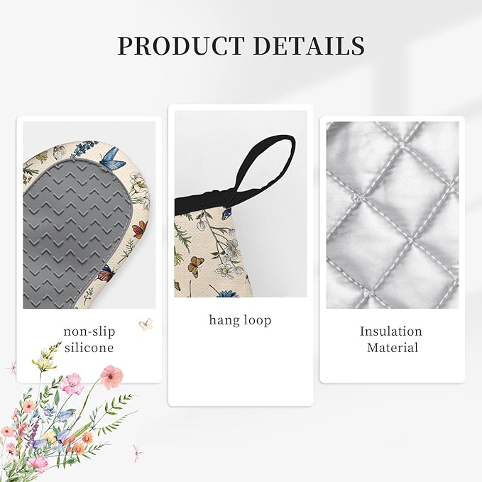 Vintage Floral Oven Mitts and Pot Holders 3Pcs, Retro Floral Silicone Oven Mitts Birthday for Flower Lover, Cute Botanic Wild Flowers Heat Resistant Non-Slip Oven Gloves for Mom Wife Sister