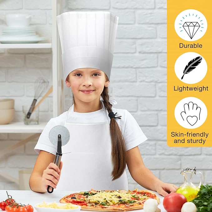 JaGely 60 Pcs Kids Chef Hat and Apron Set Chef Aprons and White Hats Non Woven Fabric Costume for Girls and Boys Cooking