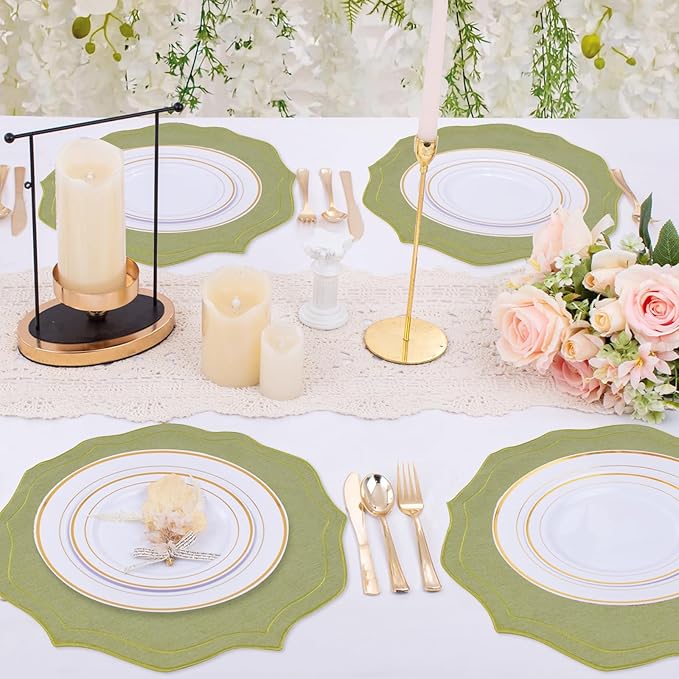 Set of 8 Cotton Linen Placemats, 15x15 Round Scalloped Cloth Table Mats, Embroidery Machine Washable, Wrinkle Resistance Fabric Place Mats for Wedding Summer Baby Shower Party Table Decor-Green