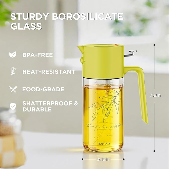 PLAPITATE 17oz/500ml Premium Olive Oil Sprayer for Cooking, 2 in 1 Glass Olive Oil Dispenser Bottle for Kitchen Gadgets, Spray Bottle with Portion Control for Salad, Frying, BBQ (Lime Yellow)
