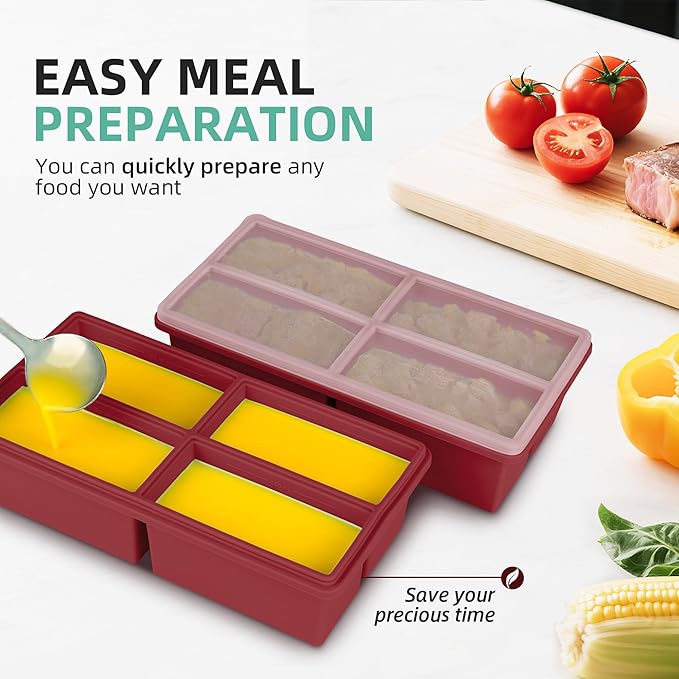 Silicone Freezer Trays with Lids -1 cup soup freezer container large ice cube molds with Reinforced Steel Ring Top, Perfect for Freezing Broth, Rice, Individual Portions, Meal Prepping and More 2-Pack