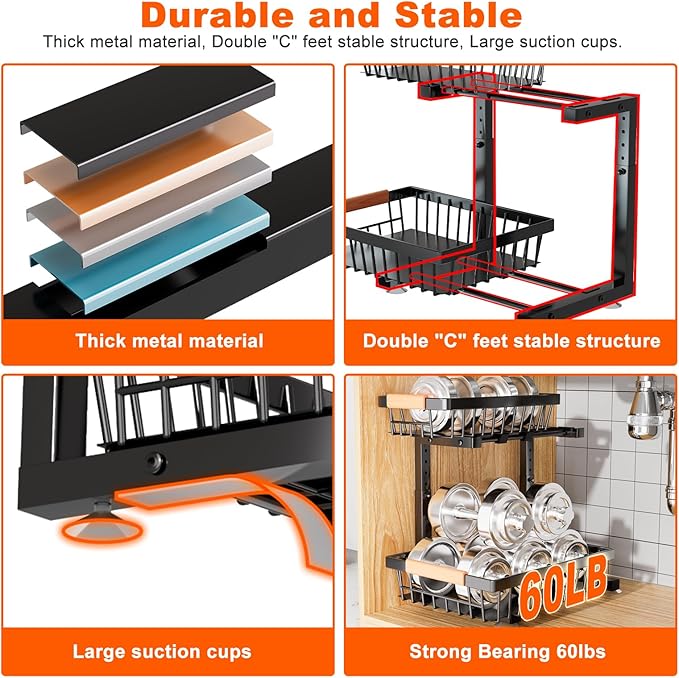 Under Sink Organizer, 2 Pack 2 Tier Under Sink Organizers and Storage, Slide Out Pull Out Cabinet Organizer Shelf, Height Adjustable Metal Drawer for Kitchen Bathroom Closet Organization Rack Black