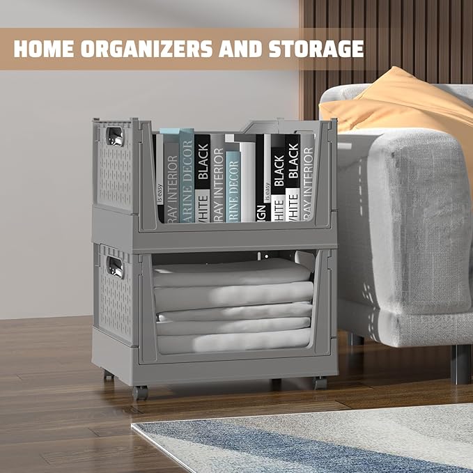 Stackable Plastic Storage Bins, 3 Pack Foldable Closet Organizers and Storage Basket with Wheels, Collapsible Drawer Shelf Storage Box Container for Office Bedroom Closet Wardrobe Kitchen Bathroom