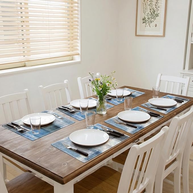 Emvency Farmhouse Placemats Set of 6, Abstract Geometric Blue Modern Grey 12x18 Inch Linen Rectangular Place Table Mats for Indoors & Outdoor Home Party Kitchen Dining Decoration