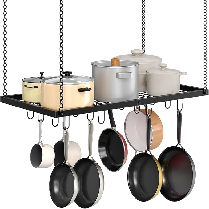 CHOEZON Hanging Pot Rack, Ceiling Mounted Pot Hanger for Kitchen, Metal Cookware Storage Organizer with 12 Hooks, for Storage of Cookware, Utensils in Kitchen, Black TPR31BB