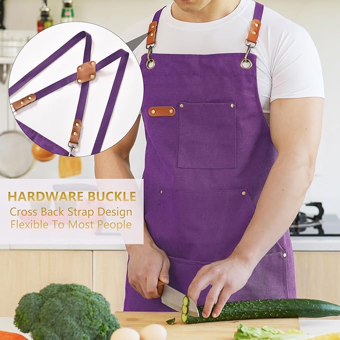 Aoomzoon Canvas Aprons for Men Chef Apron, Work Apron with Large Pockets - 16oz Heavy Duty Cross Back, BBQ, Cooking