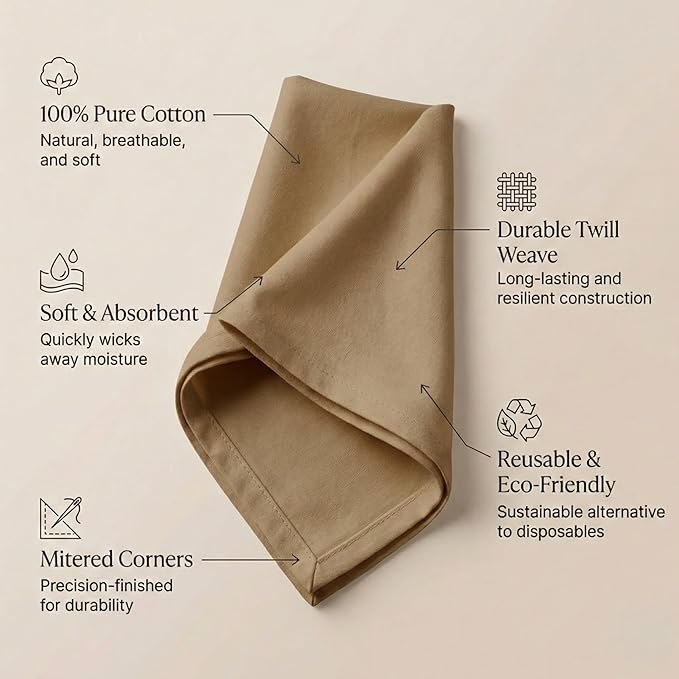 Accent Home 100% Cotton Napkins, Delicate Cloth Napkins for Dinners, Parties and Weddings，18 x 18 Inch Set of 6 - Brown