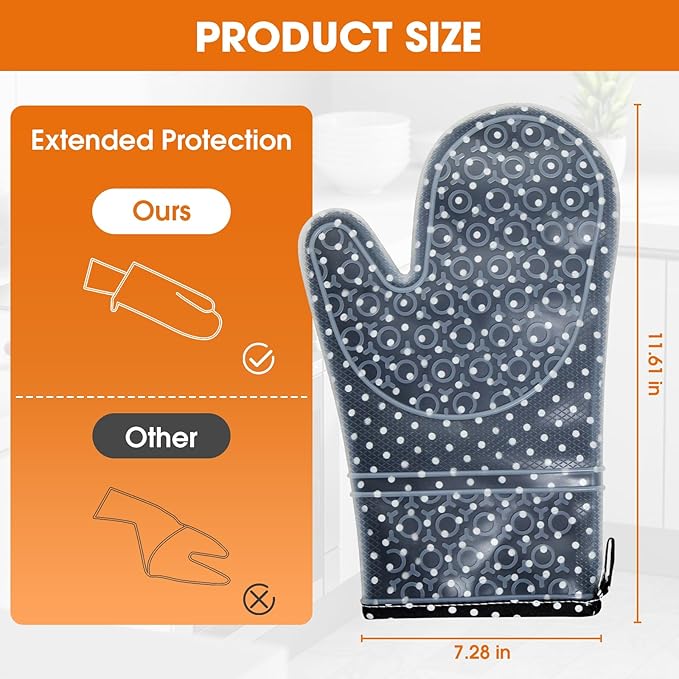 Silicone Oven Mitts Set Heat Resistant 2PCS Kitchen Mittens with Soft Cotton Lining Long Waterproof Non-Slip Oven Gloves for Cooking, BBQ, Baking