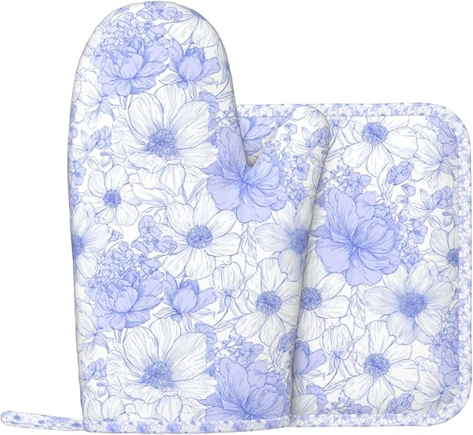 Oven Mitts and Pot Holders Pastel Blue Flower Vintage Silicone Kitchen Accessories Set of 2 Heat Resistant Long Gloves Potholder Non-Slip Grip for Chef Cooking,Baking,Grilling,BBQ