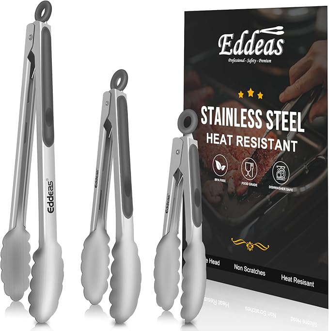 EDDEAS Tongs For Cooking - Heat Resistant 600 Degrees Stainless Steel Kitchen Tong,Heavy Duty Metal Locking Tongs - Perfect for Food, BBQ set of 3 (7",9" and 12") Grey