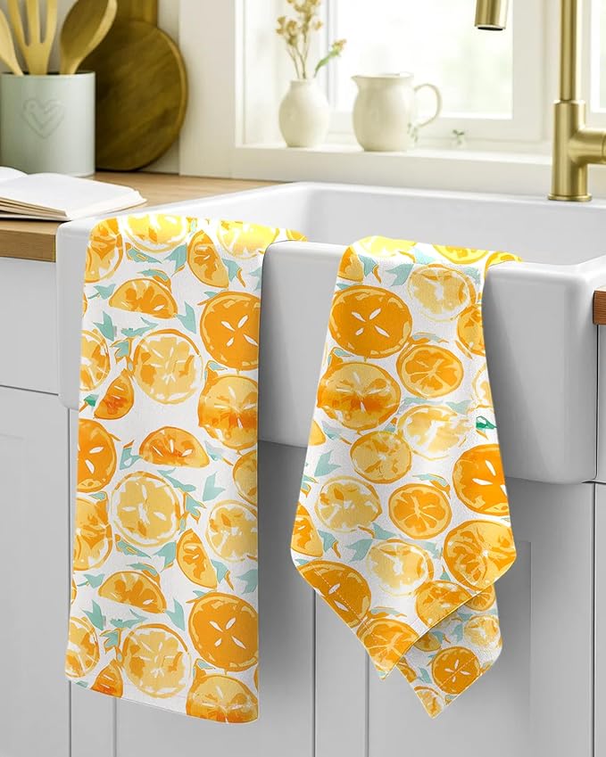 Miss Adola Flour Sack Kitchen Towels - Set of 2 Spring Dish Towels with Hanging Loop 18x26 Inch Absorbent Reusable Cotton Cloths for Cleaning Cute Design Home Decorative Housewarming, Lemon